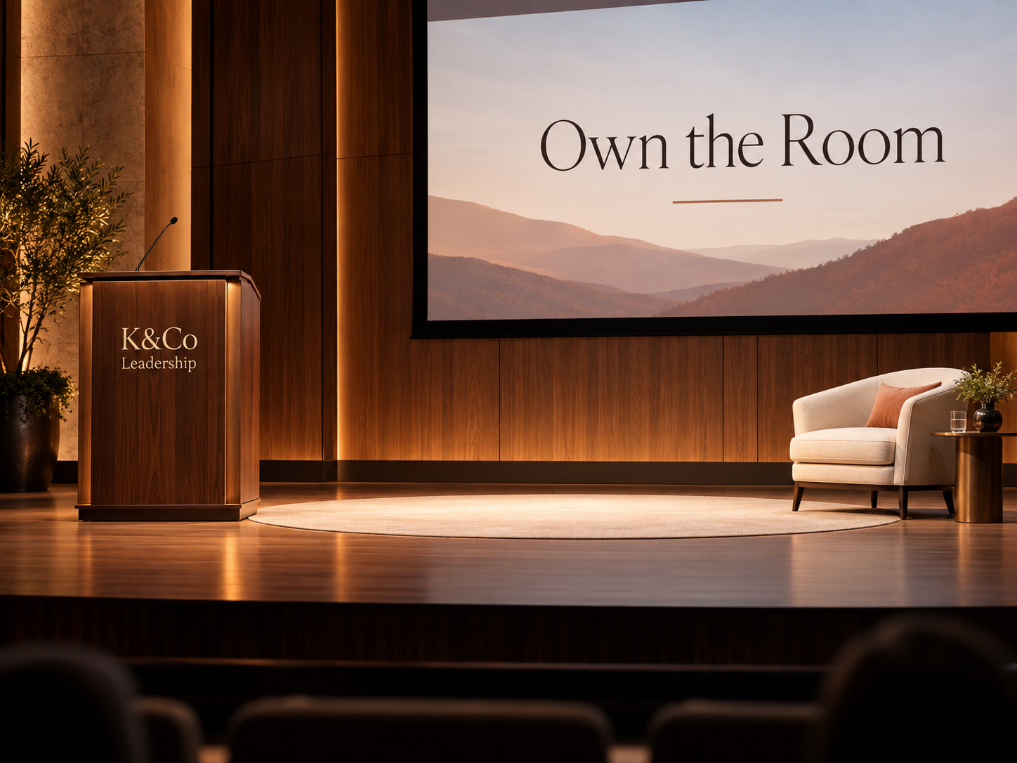 A keynote stage with the Own the Room presentation on screen and the K&Co Leadership podium